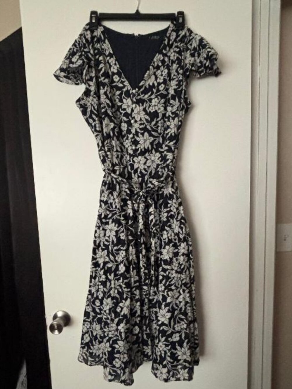 Lauren Ralph Lauren Midi Floral Dress Navy/White Flutter short sleeve sz12
